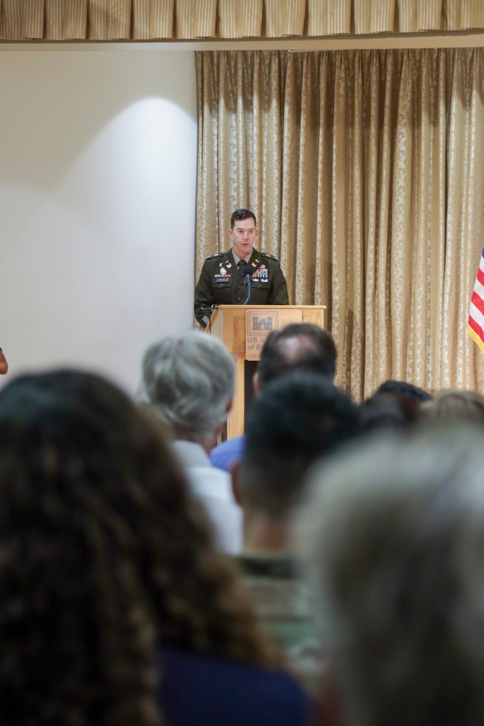 Col. Joshua Bost, U.S. Army Corps of Engineers Los Angeles District commander, provides remarks during the July 31 U.S. Army Corps of Engineers Los Angeles District change of command ceremony in the Fort MacArthur Community Center at San Pedro, California. Bost begins his tenure as the 65th commander for the Los Angeles District, overseeing a jurisdiction larger than 226,000 square miles, an annual budget of about $750 million and a workforce consisting of about 700 civilian and military personnel.