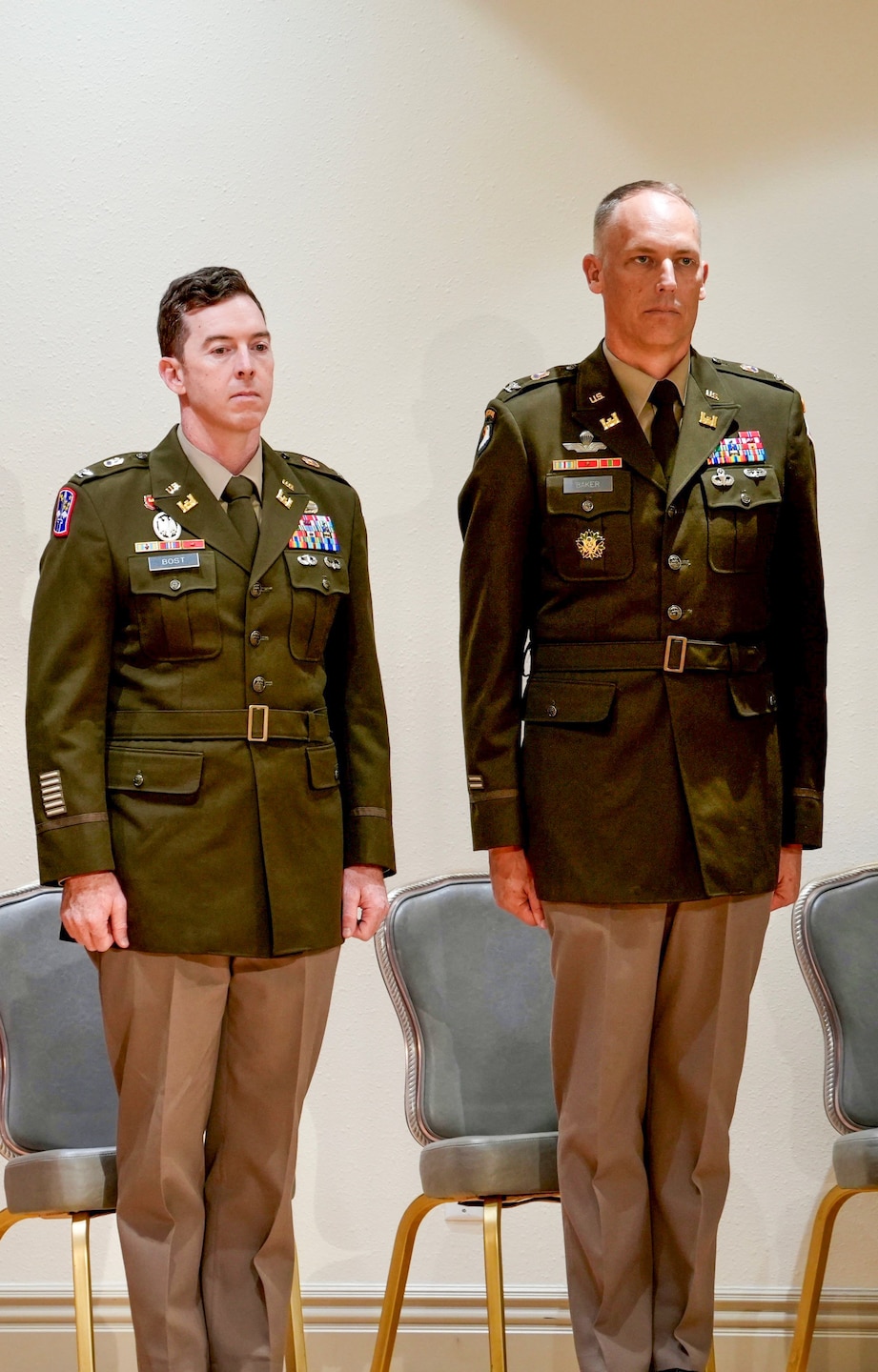 Col. Joshua Bost, left, incoming commander of the U.S. Army Corps of Engineers Los Angeles District, and Col. Andrew Baker, outgoing commander, stand at attention during a change of command ceremony July 31 at Fort MacArthur in San Pedro, California. The ceremony marked the transfer of authority of the LA District’s four-state mission from Baker to Bost.