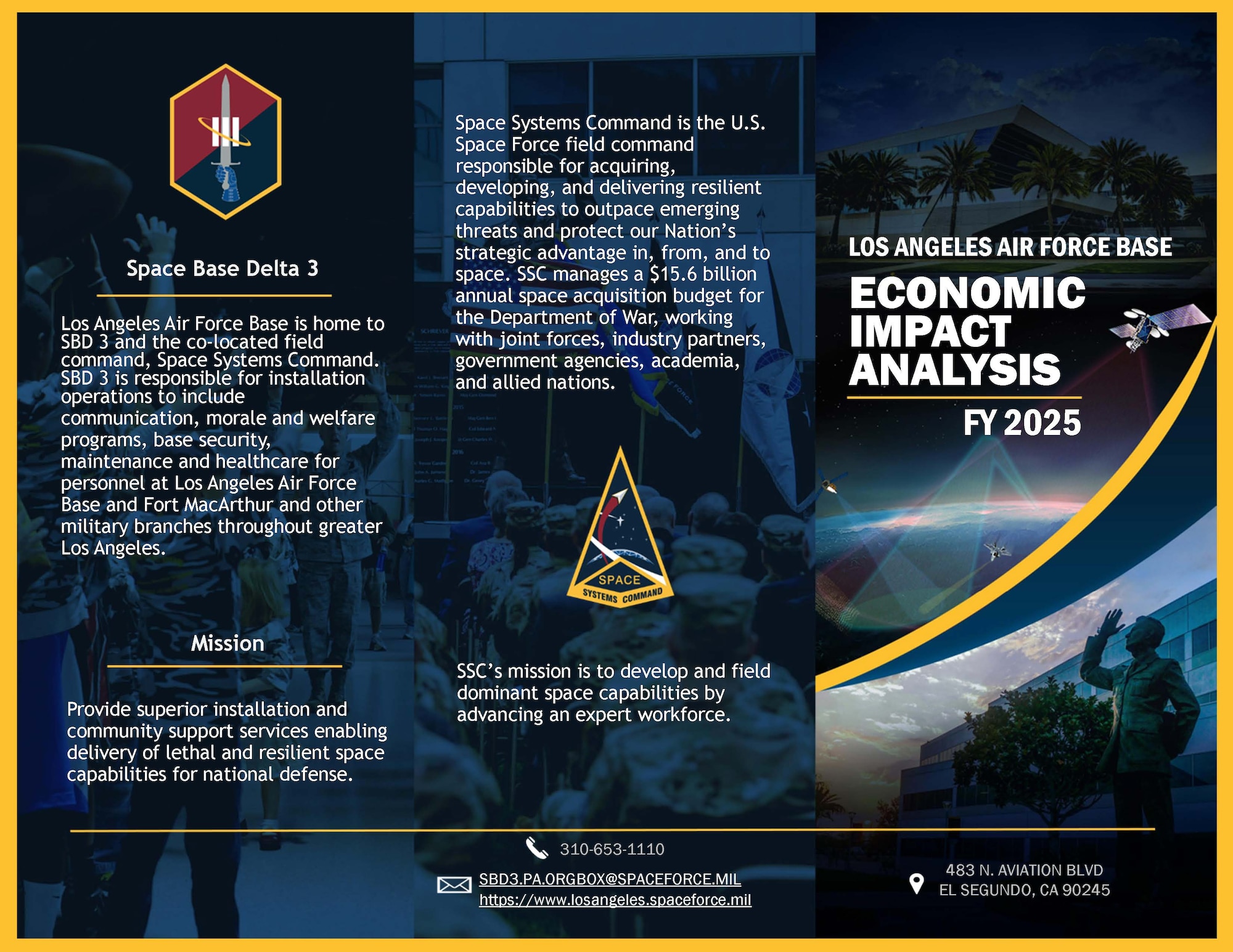 Graphic depicting Space Base Delta 3 and Space Systems Command missions in conjunction with the Los Angeles Air Force Base Economic Impact Assessment. Provides emblems and graphics from around the base, like the Schriever statue and SSC headquarters building.