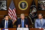 From left, Secretary of State Marco Rubio, President Donald J. Trump and Secretary of War Pete Hegseth during a cabinet meeting at Camp David in Maryland, July 31, 2026.