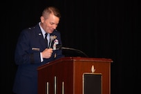 U.S. Air Force Brig. Gen. Jeffrey W. Nelson, outgoing commander of the Air Force Recruiting Service, delivers remarks during an assumption of command ceremony at Joint Base San Antonio-Randolph, Texas, July 30, 2026. Nelson, who has served as commander of both the Air Force Accessions Center and AFRS since 2025, passed command to Col. Lacresha A. Merkle. (U.S. Air Force photo by A1C Amanda Yastrzab)