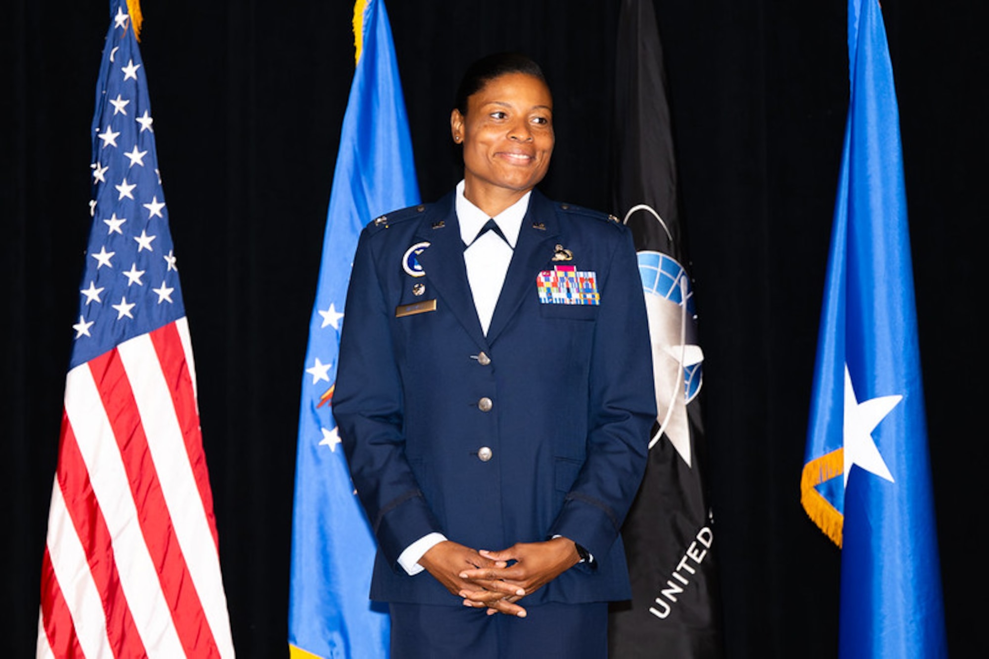 U.S. Air Force Col. Lacresha A. Merkle, the new commander of the Air Force Recruiting Service (AFRS), stands for a photo after an assumption of command ceremony at Joint Base San Antonio-Randolph, Texas, July 30, 2026. As the new commander, Merkle is now responsible for leading the service's mission to inspire, engage, and recruit the next generation of Airmen and Guardians. (U.S. Air Force photo by A1C Amanda Yastrzab)