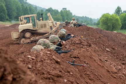 U.S. Army Soldiers assigned to the Pennsylvania Army National Guard's 55th Maneuver Enhancement Brigade participate in the brigade's first Support Area Field Training Exercise during annual training at Fort Indiantown Gap, Pennsylvania, July 20–22, 2026. The exercise brought together approximately 1,100 Soldiers to train in a realistic, contested Division Support Area, challenging engineers, military police, sustainment personnel and brigade staff to protect critical sustainment operations, maintain freedom of movement and respond to evolving battlefield threats in preparation for future large-scale combat operations. (U.S. Army National Guard photo by Sgt. 1st Class Shane Smith)