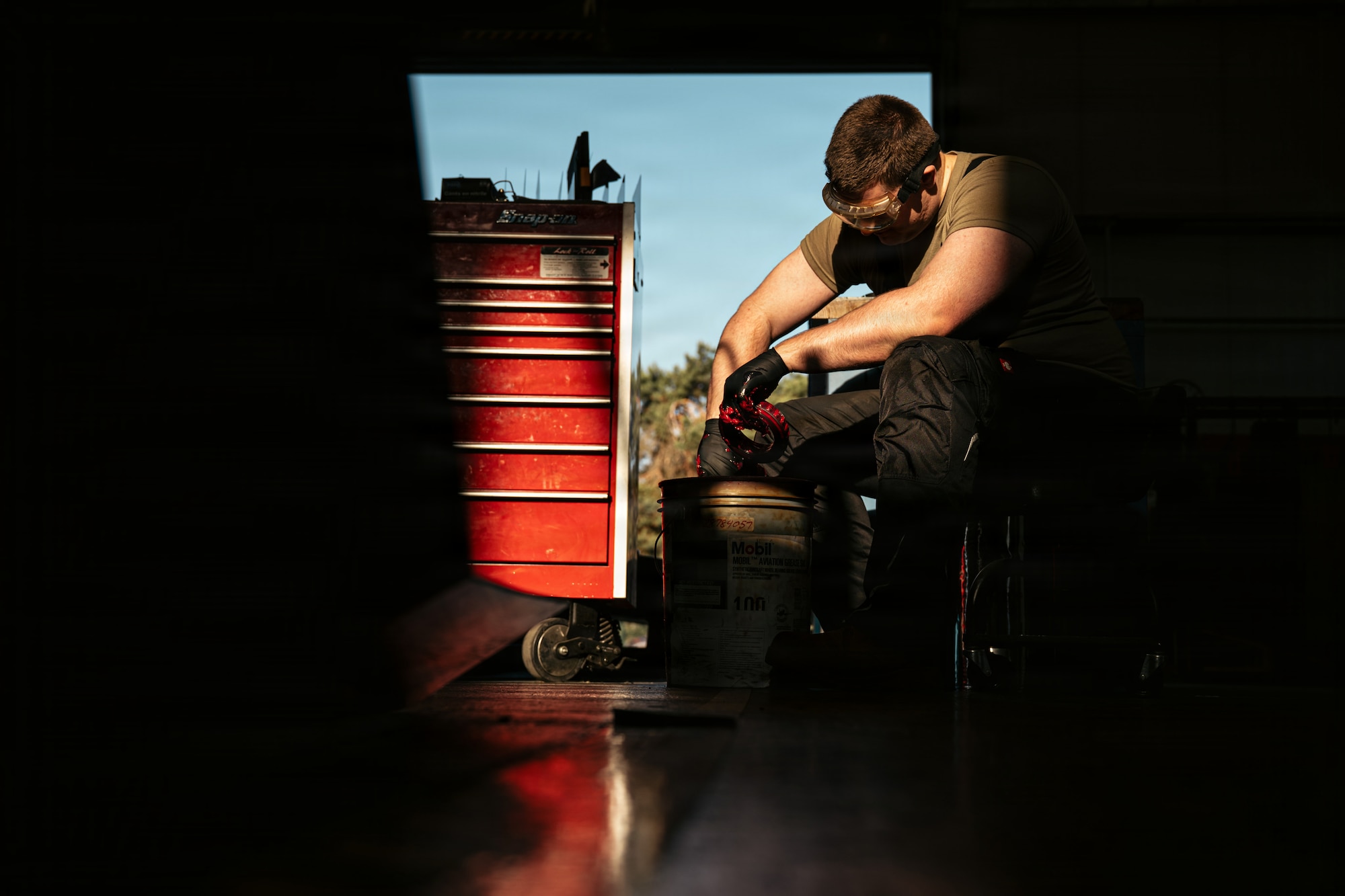 U.S. Air Force Airman 1st Class Levi King, 86th Maintenance Squadron aircraft apprentice, packs bearings with Mobil Aviation Grease SHC 100 at Ramstein Air Base, Germany, May 29, 2026.