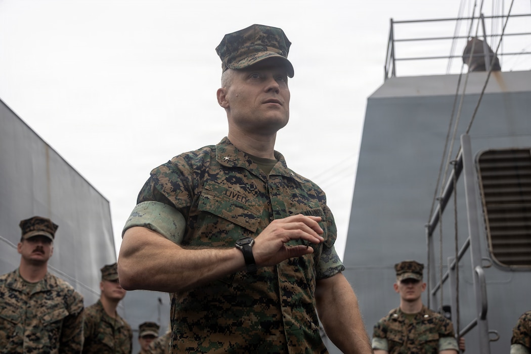 U.S. Marine Corps Brigadier General James Lively, Deputy Commanding General, II Marine Expeditionary Force, speaks to U.S. Marines with the 22nd Marine Expeditionary Unit (Special Operations Capable) and U.S. Navy Sailors with San Antonio-class amphibious transport dock USS Fort Lauderdale (LPD 28), during a visit to the Fort Lauderdale in Mayport, Florida, May 8, 2026. U.S. military forces are deployed to the Caribbean in support of the U.S. Southern Command mission, Department of War-directed operations, and the president’s priorities to disrupt illicit drug trafficking and protect the homeland. (U.S. Marine Corps photo)