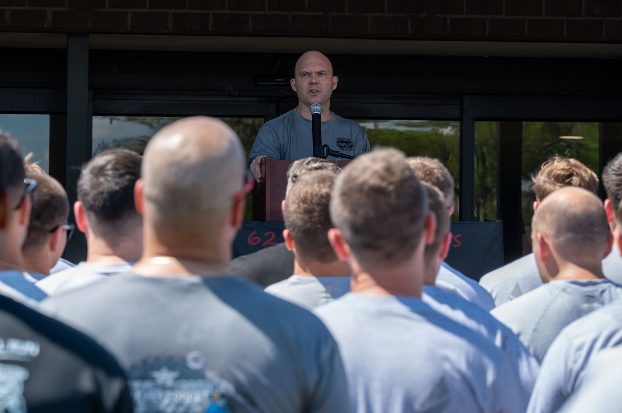 U.S. Air Force Col. John Foy, 621st Contingency Response Group commander, gives closing remarks following the 13th annual Port Dawg memorial run at Joint Base McGuire-Dix-Lakehurst, N.J., May 28, 2026.
