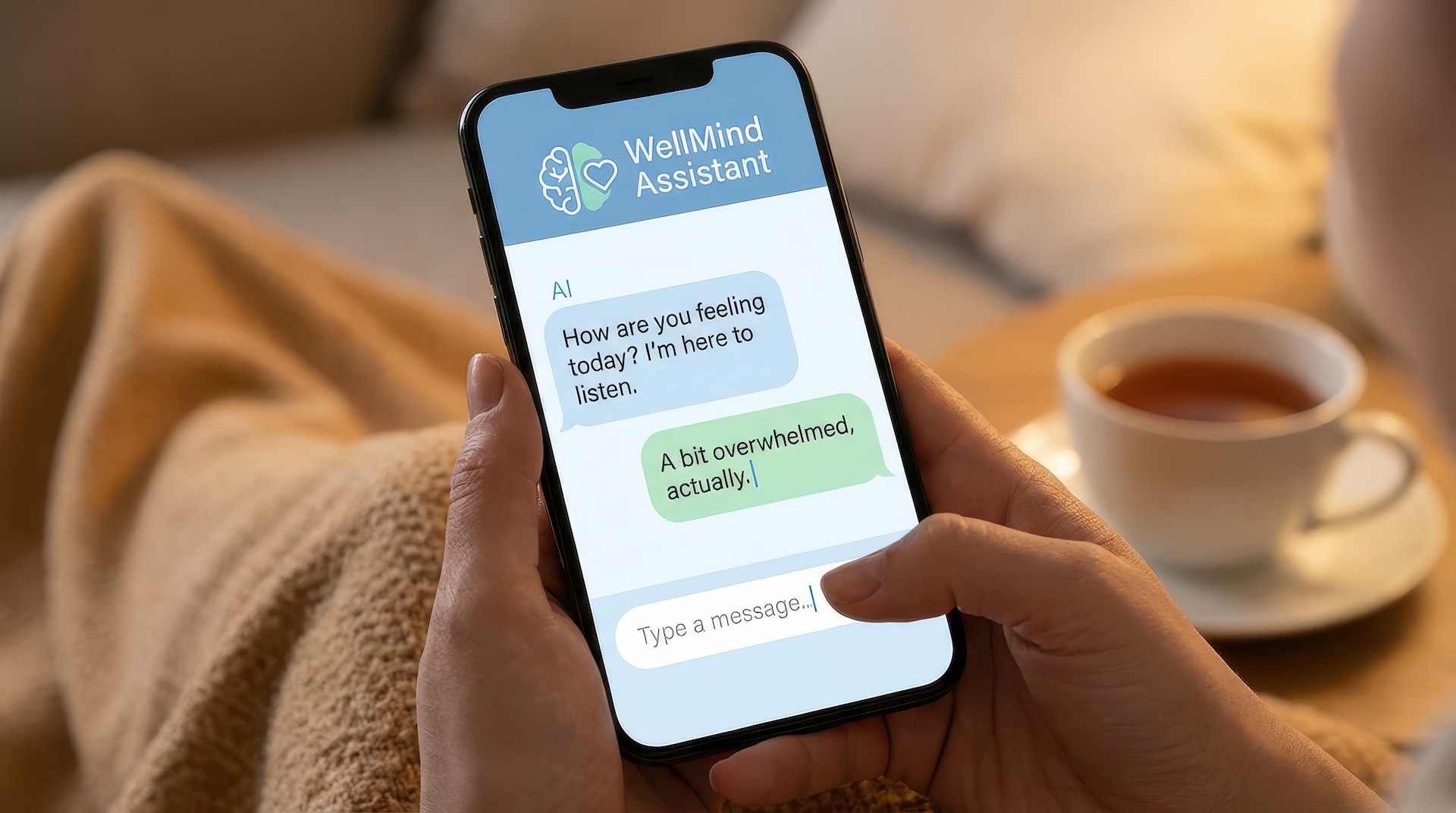 Smartphone displaying AI chat application for mental health support, featuring conversation about feelings and emotional well being.