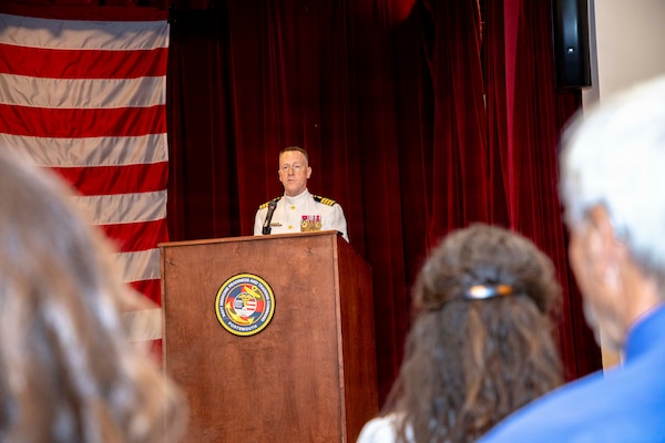 Capt. Chad McKenzie, deputy commander, Naval Medical Forces Atlantic (NMFL) and a native of Bellefontaine, Ohio, gives remarks during his retirement ceremony on board Naval Support Activity (NSA) Hampton Roads - Portsmouth Annex, Portsmouth, Virginia, May 29, 2026. McKenzie served the Navy for nearly 30 years of dedicated service across 16 commands and helped advance Navy Medicine’s operational readiness and expeditionary medical capabilities in support of Fleet, Marine Corps, and joint force requirements. (U.S. Navy photo by Mass Communication Specialist 2nd Class Levi Decker)