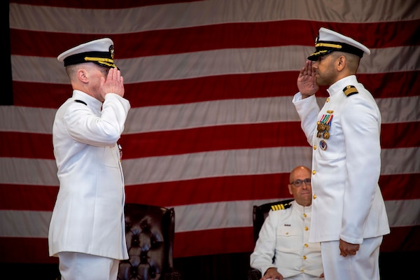Capt. Chad McKenzie, deputy commander, Naval Medical Forces Atlantic (NMFL) and a native of Bellefontaine, Ohio, is relieved by Capt. Jared McKendall, assigned to Defense Health Network Atlantic during his retirement ceremony on board Naval Support Activity (NSA) Hampton Roads - Portsmouth Annex, Portsmouth, Virginia, May 29, 2026. McKenzie served the Navy for nearly 30 years of dedicated service across 16 commands and helped advance Navy Medicine’s operational readiness and expeditionary medical capabilities in support of Fleet, Marine Corps, and joint force requirements. (U.S. Navy photo by Mass Communication Specialist 2nd Class Levi Decker)