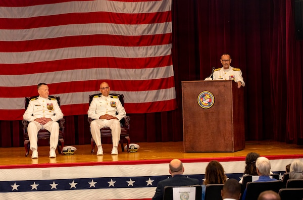 Rear Adm. Robert Hawkins, commander, Naval Medical Forces Atlantic (NMFL), gives remarks during the retirement ceremony of Capt. Chad McKenzie, deputy commander, NMFL and a native of Bellefontaine, Ohio, on board Naval Support Activity (NSA) Hampton Roads - Portsmouth Annex, Portsmouth, Virginia, May 29, 2026. McKenzie served the Navy for nearly 30 years of dedicated service across 16 commands and helped advance Navy Medicine’s operational readiness and expeditionary medical capabilities in support of Fleet, Marine Corps, and joint force requirements. (U.S. Navy photo by Mass Communication Specialist 2nd Class Levi Decker)