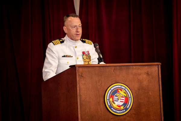 Capt. Chad McKenzie, deputy commander, Naval Medical Forces Atlantic and a native of Bellefontaine, Ohio, gives remarks during his retirement ceremony on board Naval Support Activity (NSA) Hampton Roads - Portsmouth Annex, Portsmouth, Virginia, May 29, 2026. McKenzie served the Navy for nearly 30 years of dedicated service across 16 commands and helped advance Navy Medicine’s operational readiness and expeditionary medical capabilities in support of Fleet, Marine Corps, and joint force requirements.  (U.S. Navy photo by Mass Communication Specialist 2nd Class Levi Decker)