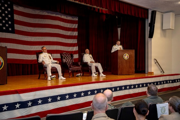 Capt. Chad McKenzie, deputy commander, Naval Medical Forces Atlantic and a native of Bellefontaine, Ohio, gives remarks during his retirement ceremony on board Naval Support Activity (NSA) Hampton Roads - Portsmouth Annex, Portsmouth, Virginia, May 29, 2026. McKenzie served the Navy for nearly 30 years of dedicated service across 16 commands and helped advance Navy Medicine’s operational readiness and expeditionary medical capabilities in support of Fleet, Marine Corps, and joint force requirements. (U.S. Navy photo by Mass Communication Specialist 2nd Class Levi Decker)