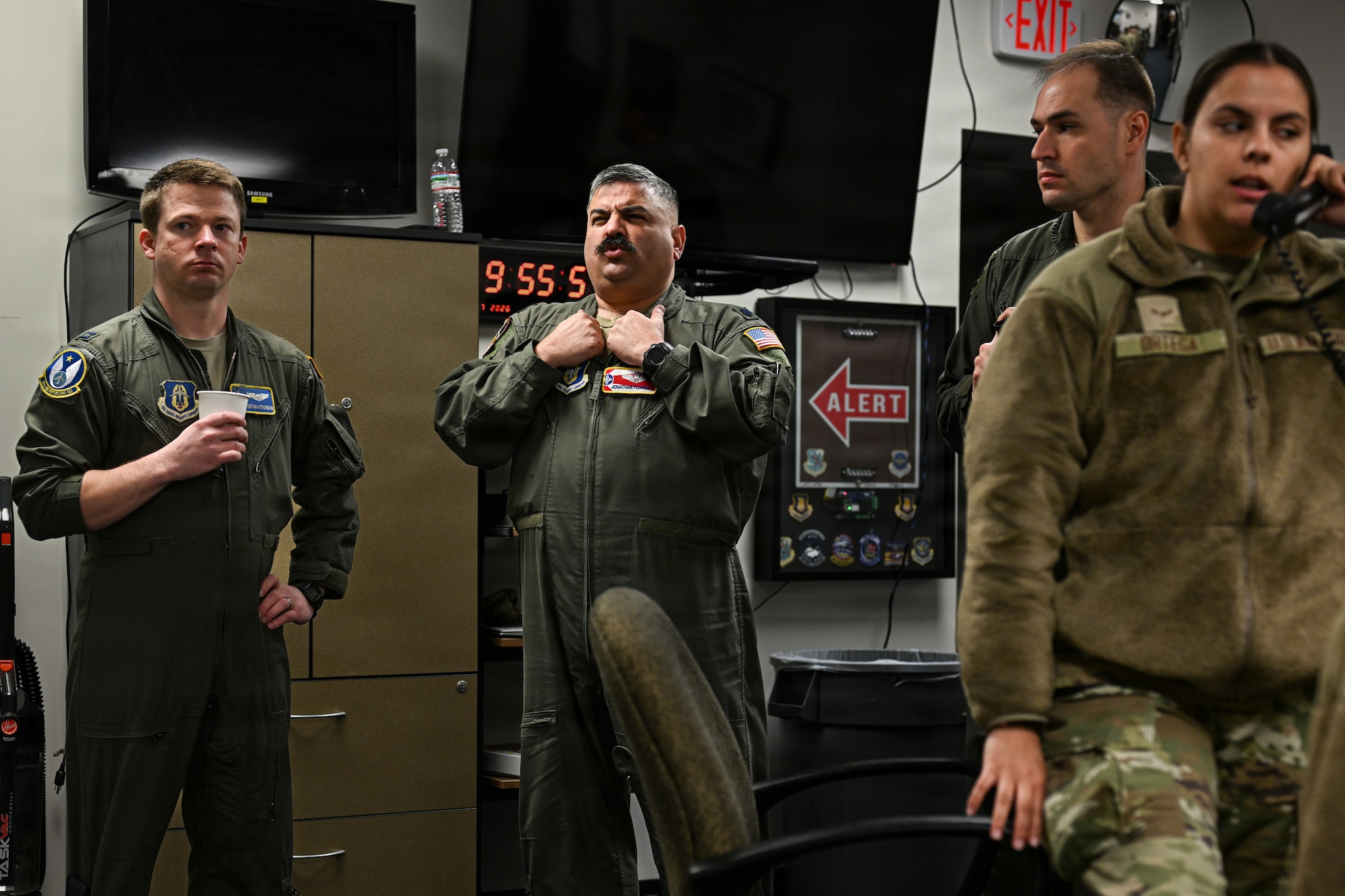 Team McConnell members stand-by for the alert signal during a nuclear operational response exercise at McConnell Air Force Base, Kansas, Feb. 7, 2026. Airmen who take part in the exercise stay at the alert facility, day and night, awaiting the signal that notifies them to evacuate the base. (U.S. Air Force photo by Senior Airman Amelio Brown)