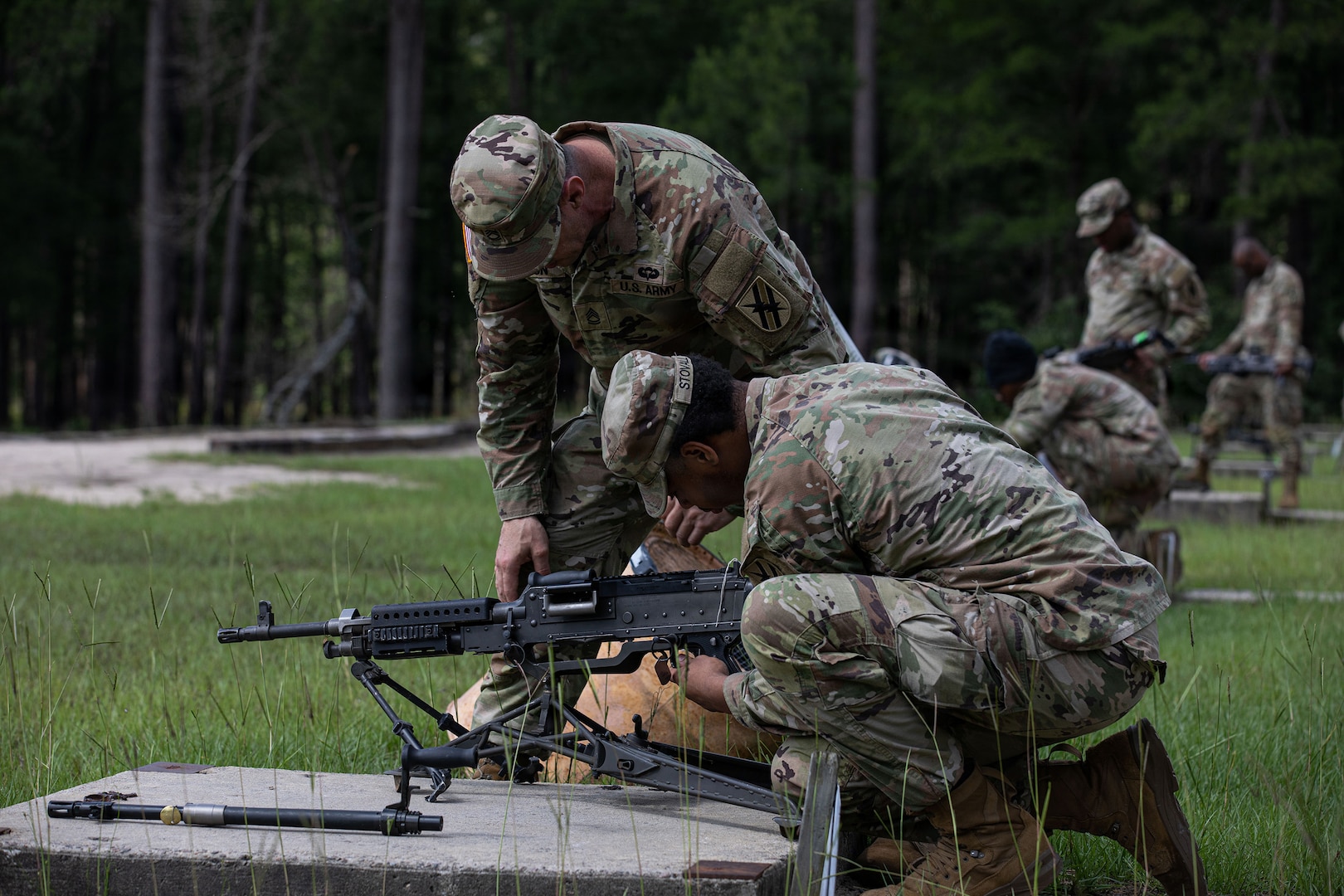 U.S. Army Soldiers assigned to Company B, 148th Brigade Support Battalion, 48th Infantry Brigade Combat Team, Georgia Army National Guard, conduct preliminary marksmanship instruction with an M240B machine gun during the 48th Infantry Brigade Combat Team annual training at Fort Stewart, Georgia, May 30, 2026.