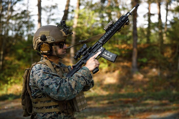 U.S. Marine Corps Sgt. Juan Ramirez, a mortarman with The Basic School, Training Command, loads an M16A4 rifle during the Marine Corps Marksmanship Championships at Marine Corps Base Quantico, Virginia, April 16, 2026. The MCMC brings together the top shooters from regional marksmanship events to test their precision rifle, action rifle, action pistol, and multi-gun action shooting skills, continuing the legacy of the Marine Corps Shooting Team and the Corps’ commitment to marksmanship as a core warfighting skill. (U.S. Marine Corps photo by Cpl. Joshua Barker)