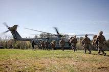 U.S. Marine Corps students with Company B, The Basic School embark a CH-53E Super Stallion with Heavy Helicopter Squadron (HMH) 464, Marine Aircraft Group 29, 2nd Marine Aircraft Wing during field exercise 3 at Marine Corps Base Quantico, Virginia, April 6, 2026. FEX III serves as an evaluated field training exercise for students in the Basic Officer Course at The Basic School. (U.S. Marine Corps photo by Cpl. Joshua Barker)