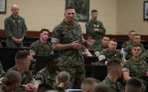 U.S. Marine Corps Col. Robert McCarthy III, the commanding officer of The Basic School, addresses students during Marine Aviation Night at TBS on Marine Corps Base Quantico, Virginia, April 27, 2026. Marine Aviation Night is an event held for TBS students interested in Marine aviation and provides them with an opportunity to speak with aviation experts. (U.S. Marine Corps photo by Sgt. Chancellor Reynolds)