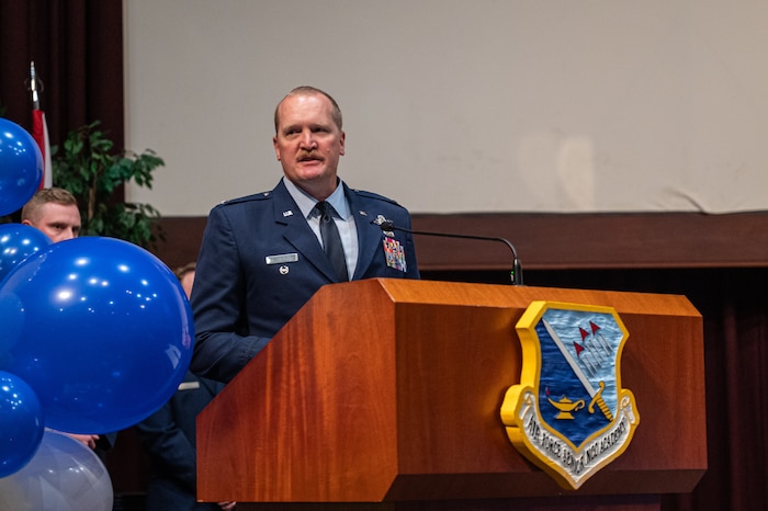U.S. Air Force Col. Adam Rudolphi, 42d Air Base Wing deputy commander, speaks during a Community College of the Air Force Graduation Ceremony at Gunter Annex, Alabama, May 28, 2026.