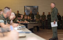 U.S. Marine Corps Lt. Gen. William Swan, the deputy commandant of aviation, discusses the aviation field with students from The Basic School during Marine Aviation Night at TBS on Marine Corps Base Quantico, Virginia, April 27, 2026. Marine Aviation Night is an event held for TBS students interested in Marine aviation and provides them with an opportunity to speak with aviation experts. (U.S. Marine Corps photo by Sgt. Chancellor Reynolds)