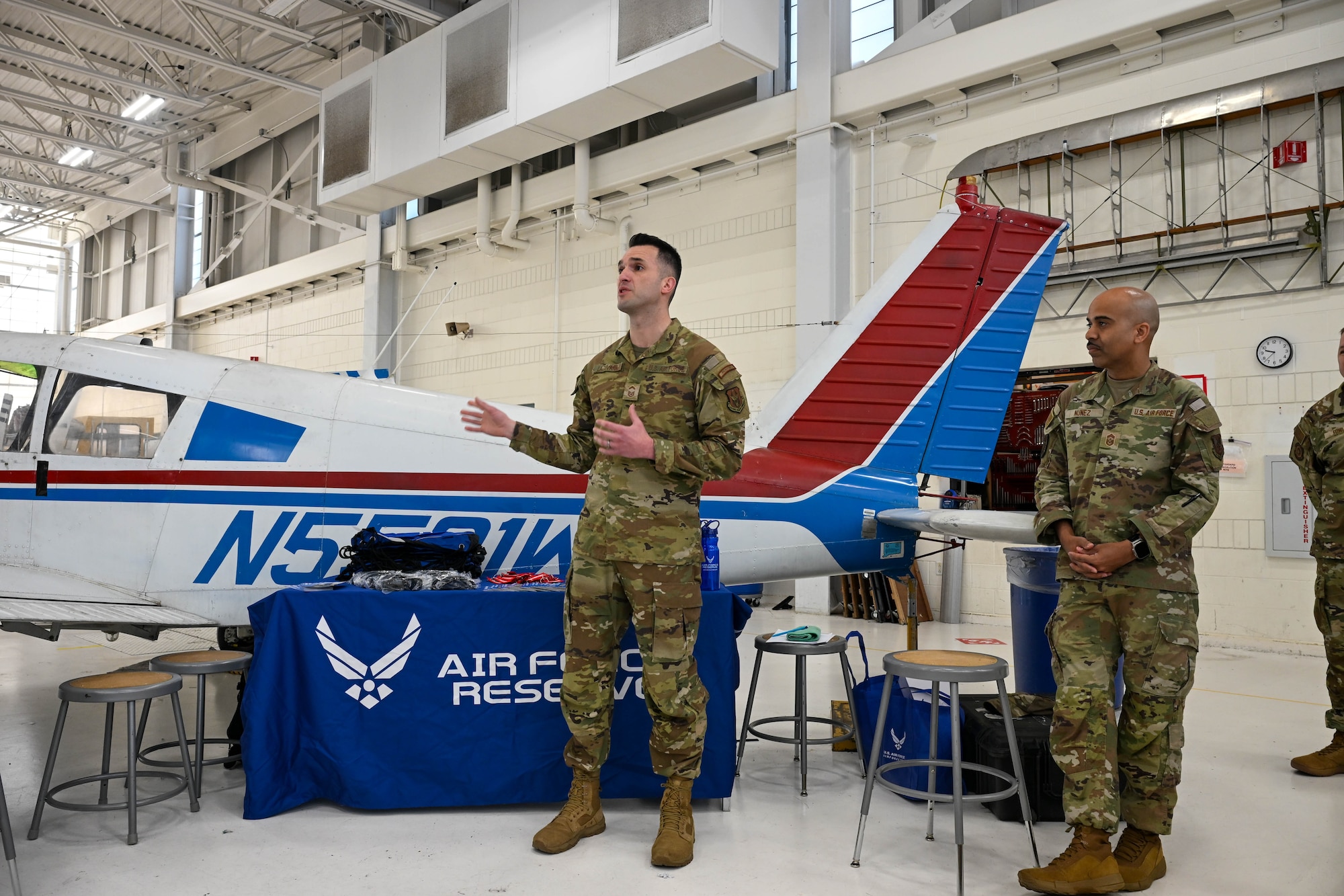 Senior Master Sgt. Jared Locavara, recruiting flight chief at Westover Air Reserve Base, Massachusetts, discusses Air Force Reserve opportunities and the future of Air Force maintenance training with aircraft maintenance students at Connecticut Aero Tech School for Aviation Maintenance Technicians, Hartford, Connecticut, during a tour May 7, 2026, Hartford, Connecticut. U.S. Air Force Chief Master Sgt. Israel Nuñez, senior enlisted advisor to the Chief of AFR, the Pentagon, Arlington, Virginia, and the Command Chief Master Sgt. of Air Force Reserve Command, Robins Air Force Base, Georgia, teamed up with AFR recruiters from the 350th Recruiting Squadron, Joint Base McGuire-Dix-Lakehurst, New Jersey, to share the "Reserve Advantage" message that offers benefits, flexibility and a life of service, with aircraft maintenance students at CT Aero Tech. (U.S. Air Force photo by Master Sgt. Della Creech)