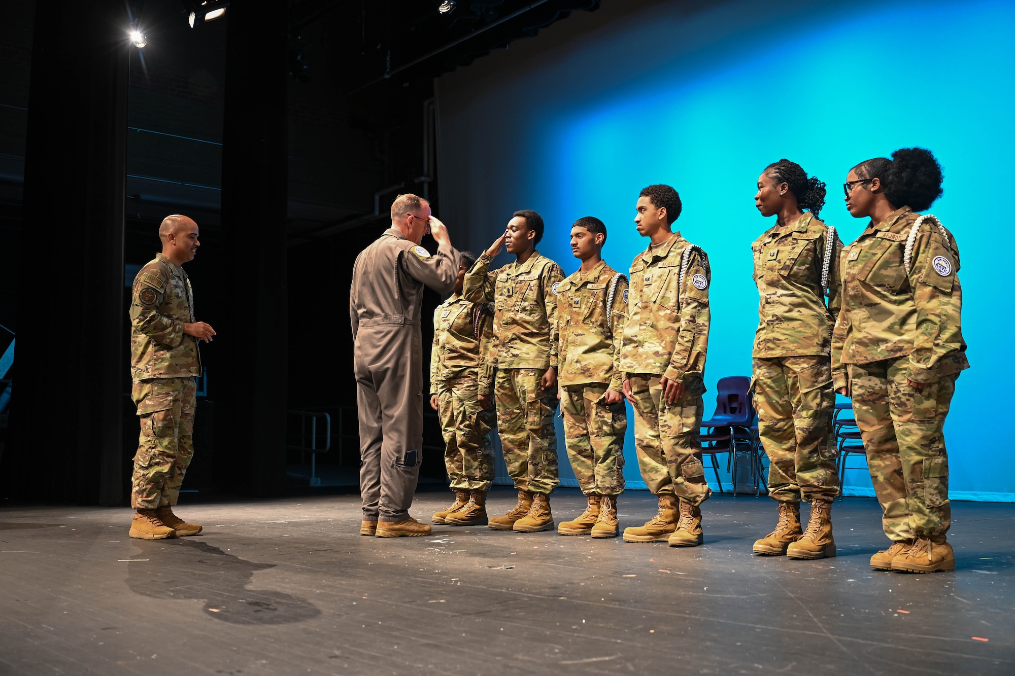 U.S. Air Force Lt. Gen. John P. Healy, chief of the Air Force Reserve and commander of the Air Force Reserve Command, Robins Air Force Base, Georgia, returns a salute from a Windsor High School Junior Reserve Officers' Training Corps Drill Team cadet in Hartford, Connecticut, May 7, 2026.Healy and Chief Master Sgt. Israel Nuñez, senior enlisted advisor to the Chief of AFR, the Pentagon, Arlington, Virginia, and the Command Chief Master Sgt. of AFRC, Robins AFB, Georgia, teamed up with AFR recruiters from the 350th Recruiting Squadron, Joint Base McGuire-Dix-Lakehurst, New Jersey, to share the "Reserve Advantage" message that offers benefits, flexibility and a life of service, with students at Windsor HS. (U.S. Air Force photo by Master Sgt. Della Creech)
