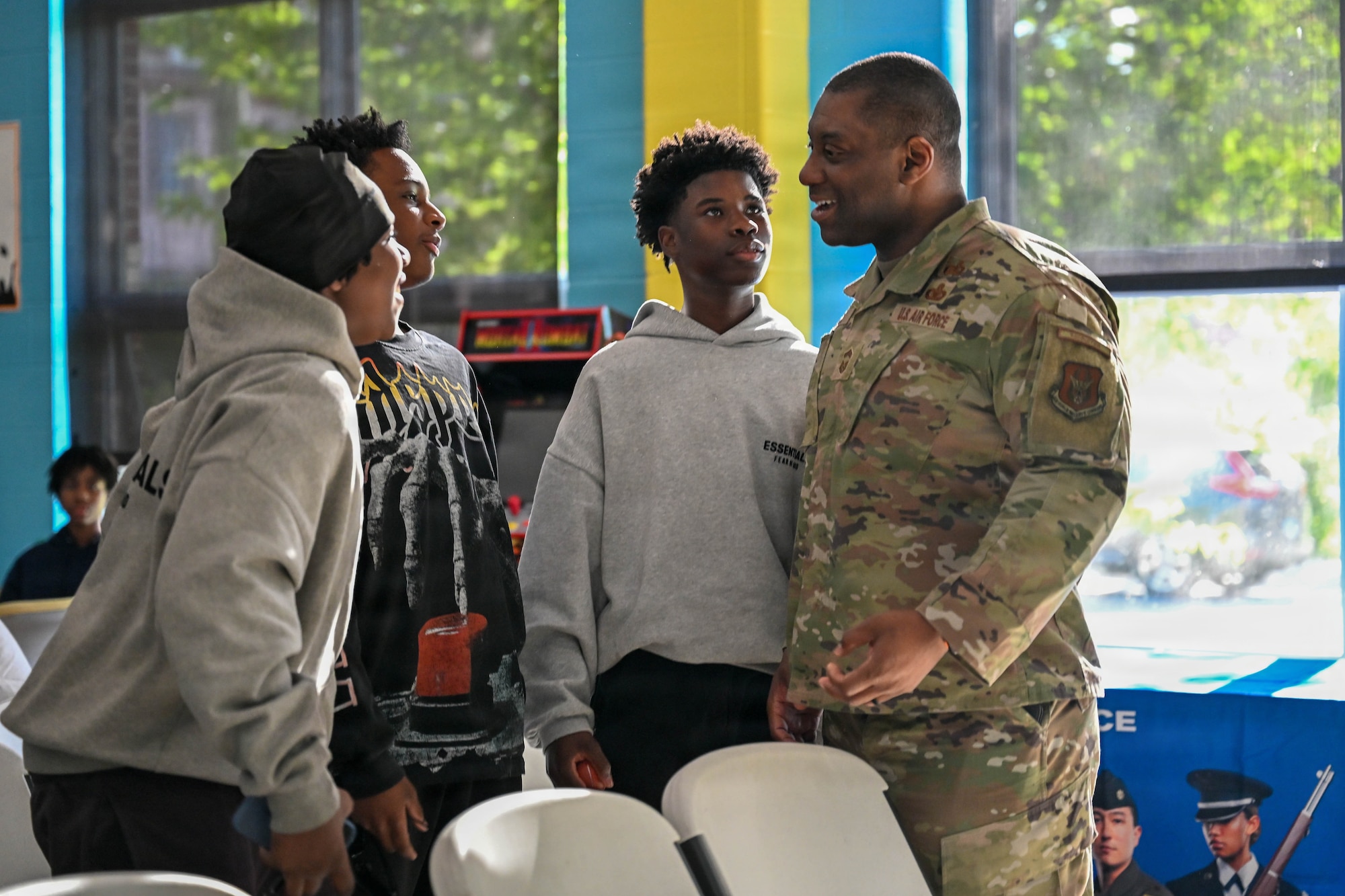 Chief Master Sgt. Armil Rucker, 350th Recruiting Squadron senior enlisted leader, Joint Base McGuire-Dix-Lakehurst, New Jersey, jests and challenges the Boys and Girls Club community at Samuel S. Gray, Jr. Boys & Girls Club at Asylum Hill, May 7, 2026, Hartford, Connecticut. The Air Force Reserve Command teamed up with AFR recruiters from the 350RCS, whose local flight is led by Senior Master Sgt. Jared Lacovara, recruiting flight chief at Westover Air Reserve Base, Massachusetts, to share the "Reserve Advantage" message that offers benefits, flexibility, and a life of service with the Boys and Girls Club community. (U.S. Air Force photo by Master Sgt. Della Creech)