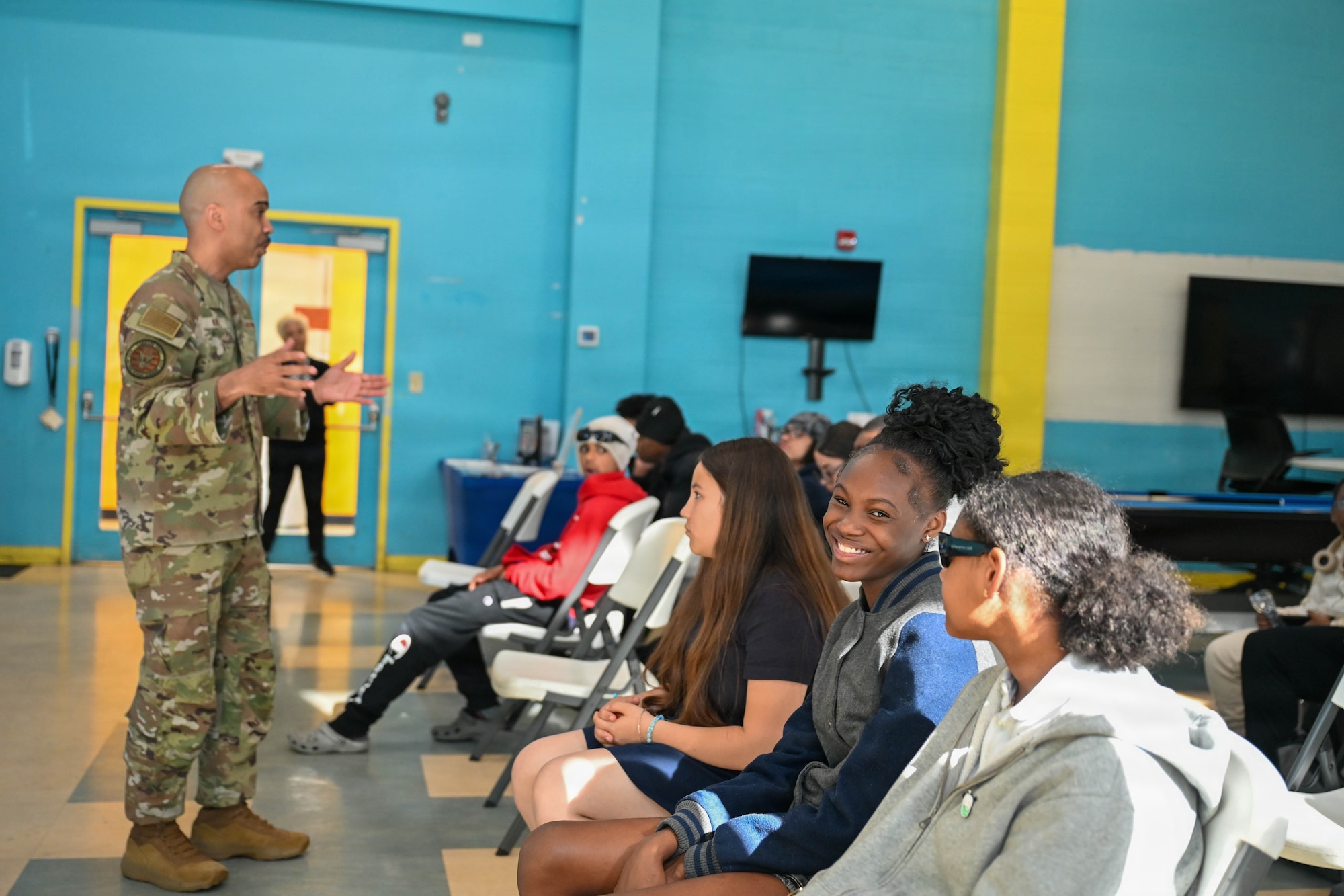 U.S. Air Force Chief Master Sgt. Israel Nuñez, senior enlisted advisor to the Chief of Air Force Reserve, the Pentagon, Arlington, Virginia, and the Command Chief Master Sgt. of Air Force Reserve Command, Robins Air Force Base, Georgia, discusses AFR opportunities with the Boys and Girls Club community at Samuel S. Gray, Jr. Boys & Girls Club at Asylum Hill, Hartford, Connecticut, May 7, 2026, Hartford, Connecticut. Nuñez teamed up with AFR recruiters from the 350th Recruiting Squadron, Joint Base McGuire-Dix-Lakehurst, New Jersey, who’s local flight is lead by Senior Master Sgt. Jared Lacovara, recruiting flight chief at Westover Air Reserve Base, Massachusetts, to share the "Reserve Advantage" message that offers benefits, flexibility, and a life of service with the Boys and Girls Club community. (U.S. Air Force photo by Master Sgt. Della Creech)