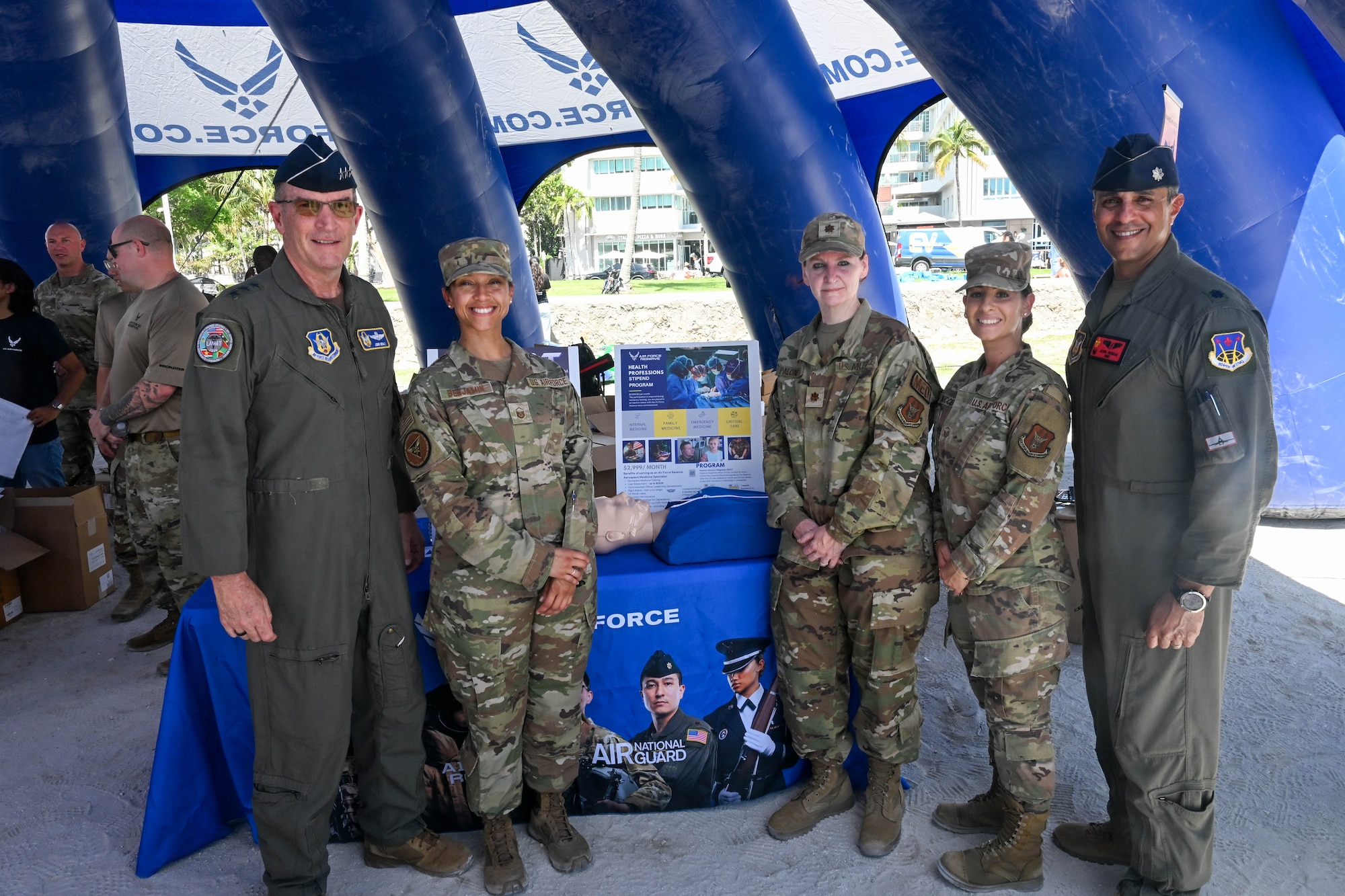 (From Left) U.S. Air Force Lt. Gen. John P. Healy, chief of the Air Force Reserve and commander of the Air Force Reserve Command, Robins Air Force Base, Georgia, stands with the Lesser Antilles Medical Assistance Team of Master Sgt. Yesenia Benjamin, superintendent, International Health Specialist Division, under the 12th Air Force (Air Forces Southern) Office of the Command Surgeon, headquartered at Davis-Monthan Air Force Base, Arizona, Maj. Tina Palone, nurse practitioner, 926th Aerospace Medicine Squadron, Nellis Air Force Base, Nevada, Master Sgt. Felicia Buccieri, Medical Admin​, health services management technician, 482d Medical Squadron, Homestead Air Reserve Base, Florida, and Lt. Col. John “DRE” Beshai, commander, 926 AMDS, Nellis AFB, Nevada, at the Hyundai Air and Sea Show, May 23, 2026, Miami, Florida. Air Force Reserve recruiters, 351st Recruiting Squadron, Homestead ARB, Florida, hosted LAMAT mission Air Force medical professionals to share how to be a part of a LAMAT mission that saves lives, spanning from the Caribbean to the Amazon to provide medical care, 84 percent of whom are Reservists. (U.S. Air Force photo by Master Sgt. Della Creech)