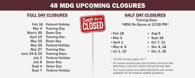 View our upcoming closures. All routine clinical care and ancillary services (lab, pharmacy, x-ray) are closed. The Nurse Advice Line will remain open for all medical related questions. 0800-028-3263