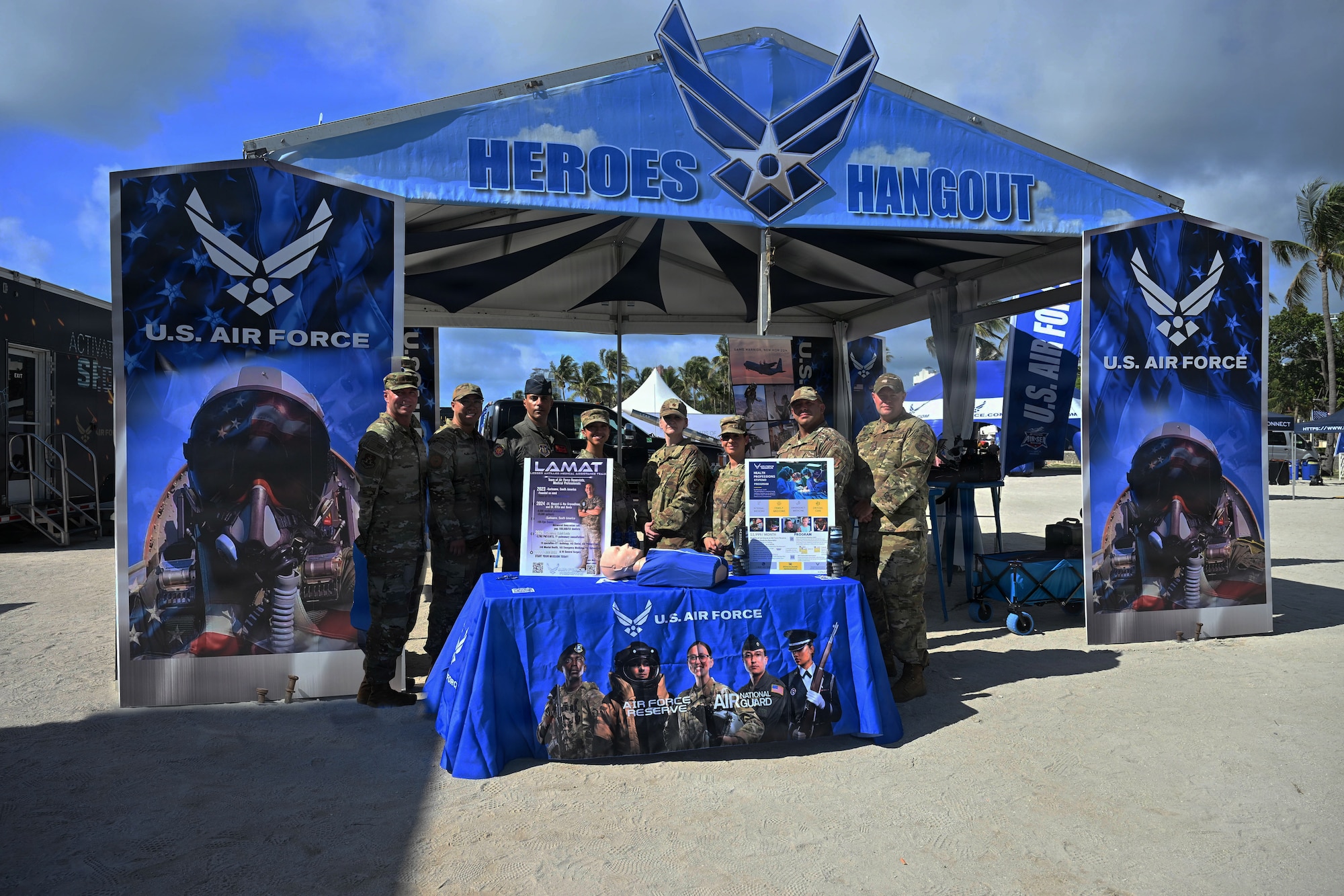 U.S. Air Force Reserve recruiters with the 351st Recruiting Squadron, Homestead Air Reserve Base, Florida, stand alongside members from the 2026 Lesser Antilles Medical Assistance Team during the Hyundai Air and Sea Show in Miami Beach, Florida, May 23, 2026. (U.S. Air Force photo by Master Sgt. Della Creech)