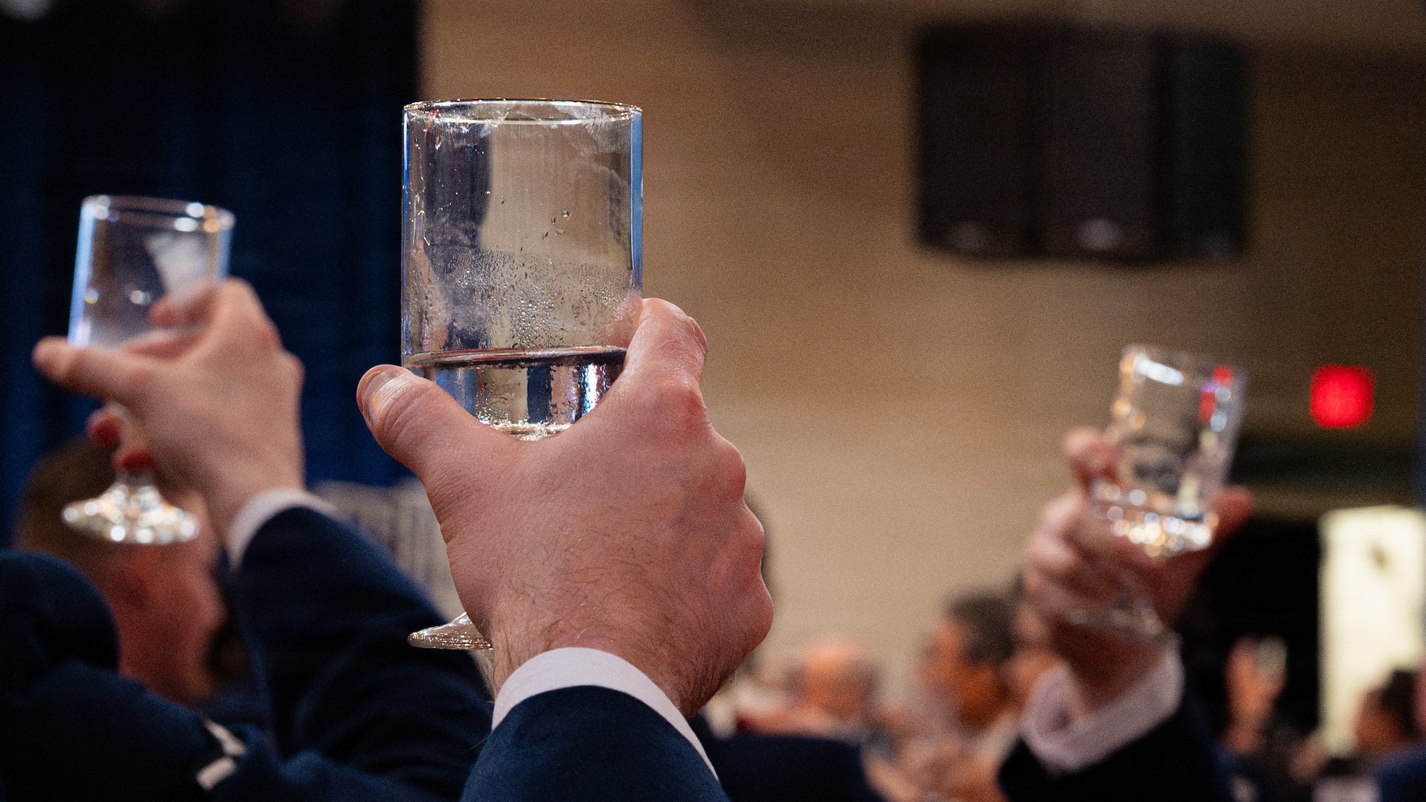Hands raising glasses.
