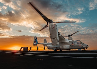A CMV-22B Osprey, attached to Fleet Logistics Multi-Mission Squadron (VRM) 30, prepares for take off on the flight deck of Nimitz-class aircraft carrier USS George Washington (CVN 73) while underway in the Philippine Sea, May 30, 2026.