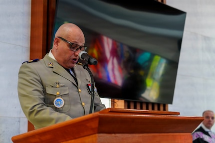 French Army Col. Olivier LeClerca delivers a speech during an interment ceremony honoring former French Korean War veterans André Datcharry and Jacques Grisolet at the United Nations Memorial Cemetery in Korea, in Busan, South Korea, on May 27, 2026.