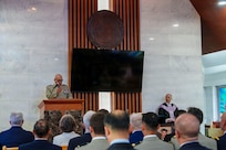French Army Col. Olivier LeClerca delivers remarks during an interment ceremony honoring former French Korean War veterans André Datcharry and Jacques Grisolet at the United Nations Memorial Cemetery in Korea, in Busan, South Korea, on May 27, 2026.