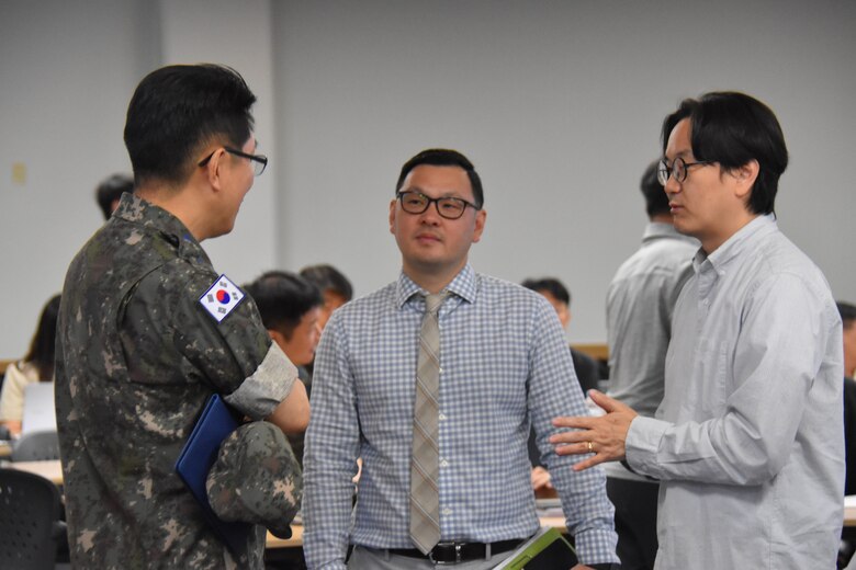 David Chai, deputy district engineer and chief of Programs and Project Management Division (DPM), U.S. Army Corps of Engineers – Far East District, and Col. Kim, You-hwan, U.S. Forces Korea Program Division Chief, Republic of Korea Ministry of National Defense – Defense Installations Agency, meet for a symposium on June 1, 2026, at Camp Humphreys, South Korea.