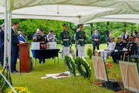 Philippe Bertoux, Ambassador of France to the Republic of Korea, delivers a speech at the interment ceremony for former French Korean War veterans André Datcharry and Jacques Grisolet at the United Nations Memorial Cemetery in Korea in Busan, South Korea, on May 27, 2026.