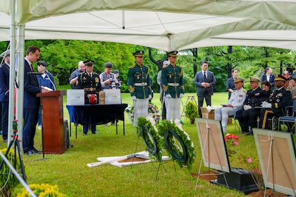 Philippe Bertoux, Ambassador of France to the Republic of Korea, delivers a speech at the interment ceremony for former French Korean War veterans André Datcharry and Jacques Grisolet at the United Nations Memorial Cemetery in Korea in Busan, South Korea, on May 27, 2026.
