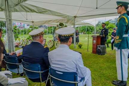 U.S. Army Gen. Xavier T. Brunson, commander of United Nations Command, Combined Forces Command, and U.S. Forces Korea, delivers a speech at the interment ceremony for former French Korean War veterans André Datcharry and Jacques Grisolet at the United Nations Memorial Cemetery in Korea in Busan, South Korea, on May 27, 2026.