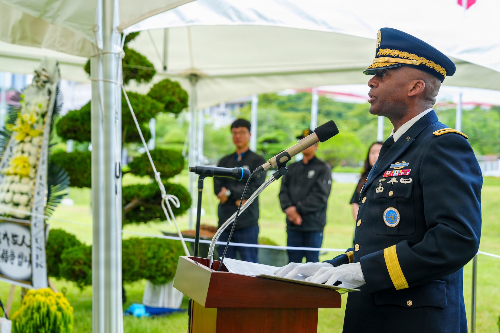U.S. Army Gen. Xavier T. Brunson, commander of United Nations Command, Combined Forces Command, and U.S. Forces Korea, delivers a speech at the interment ceremony for former French Korean War veterans André Datcharry and Jacques Grisolet at the United Nations Memorial Cemetery in Korea in Busan, South Korea, on May 27, 2026.