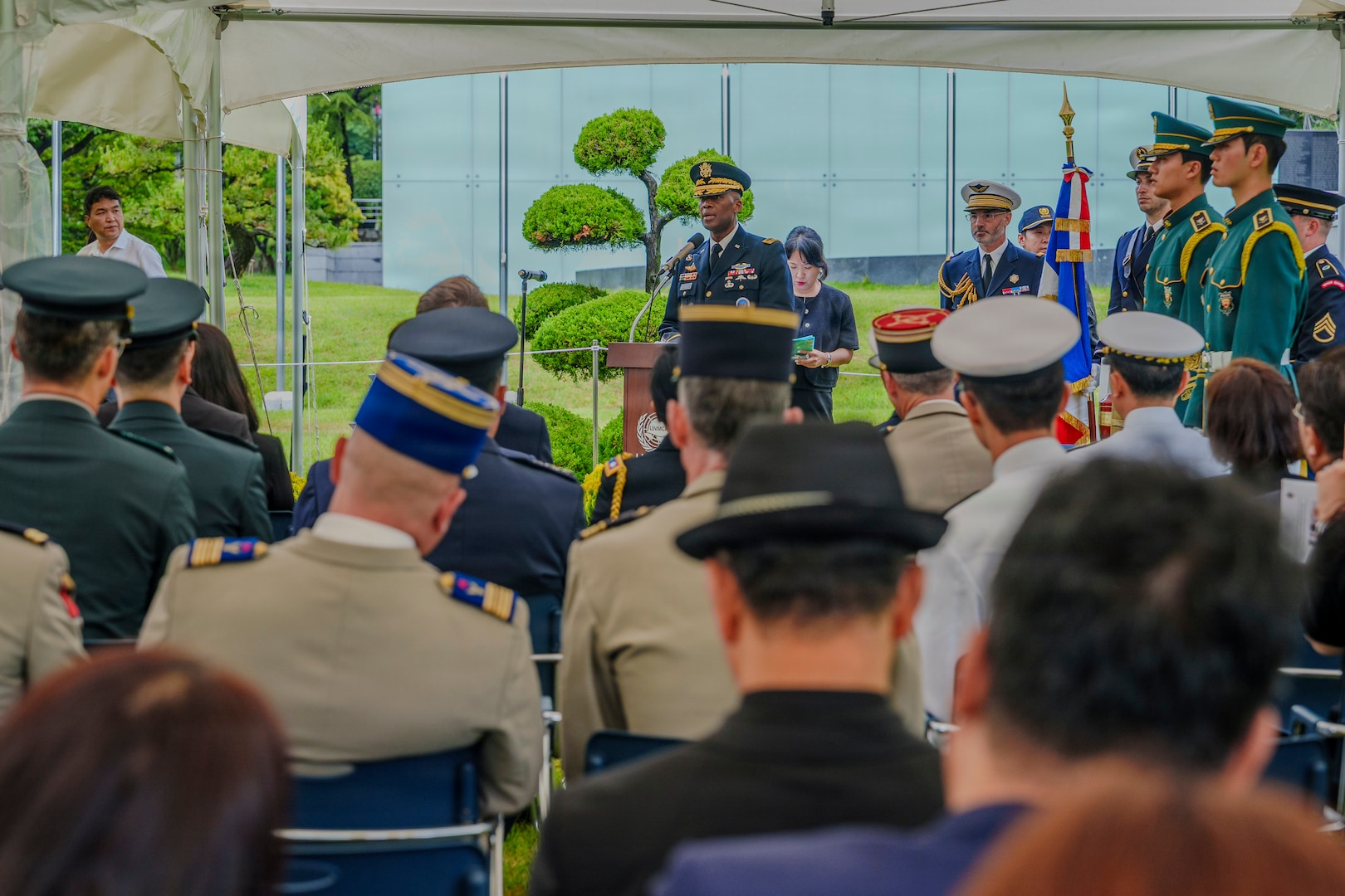 U.S. Army Gen. Xavier T. Brunson, commander of United Nations Command, Combined Forces Command, and U.S. Forces Korea, delivers a speech at an interment ceremony for former French Korean War veterans André Datcharry and Jacques Grisolet at the United Nations Memorial Cemetery in Korea in Busan, South Korea, on May 27, 2026.