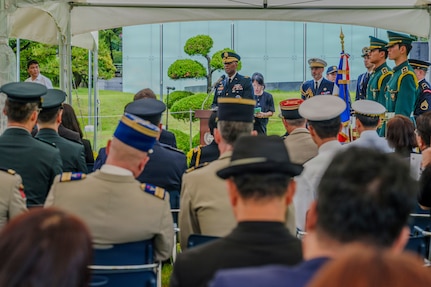 U.S. Army Gen. Xavier T. Brunson, commander of United Nations Command, Combined Forces Command, and U.S. Forces Korea, delivers a speech at an interment ceremony for former French Korean War veterans André Datcharry and Jacques Grisolet at the United Nations Memorial Cemetery in Korea in Busan, South Korea, on May 27, 2026.