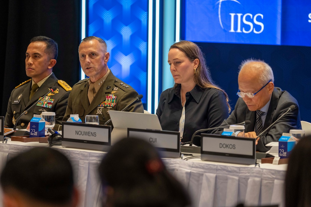 Lt. Gen. George B. Rowell IV, deputy commander of U.S. Indo-Pacific Command, speaks during the “Enhancing Littoral Security in Asia” panel while attending the Shangri-La Dialogue in Singapore, May 30, 2026.