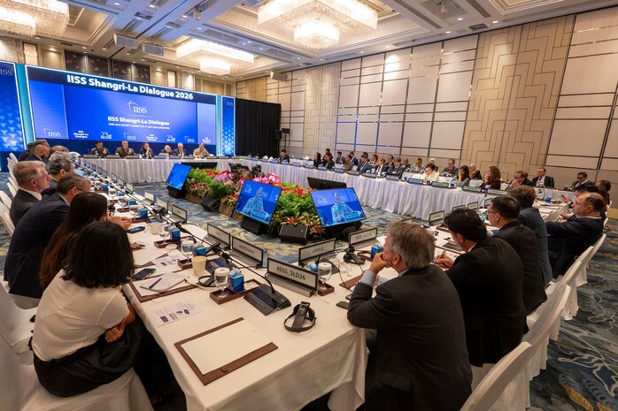 Lt. Gen. George B. Rowell IV, deputy commander of U.S. Indo-Pacific Command, speaks during the “Enhancing Littoral Security in Asia” panel while attending the Shangri-La Dialogue in Singapore, May 30, 2026.