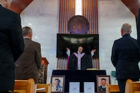 Maj. John F. Reutemann, deputy wing chaplain for the 51st Fighter Wing, leads a religious service at the United Nations Memorial Cemetery for French Korean War veterans André Datcharry and Jacques Grisolet in Busan, South Korea, on May 27, 2026.