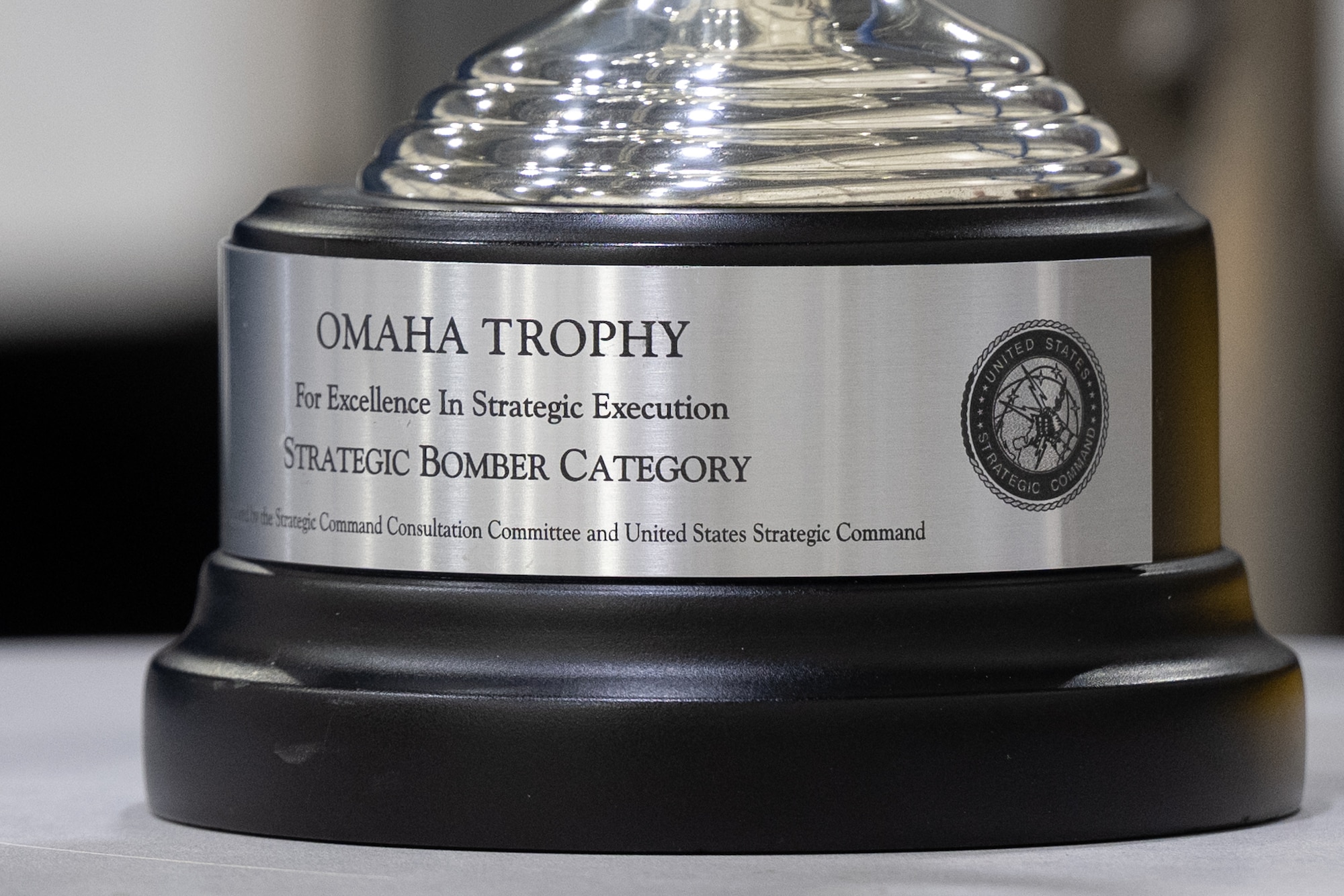 The 2025 Omaha Trophy sits on a table at Whiteman Air Force Base, Missouri, May 26, 2026.