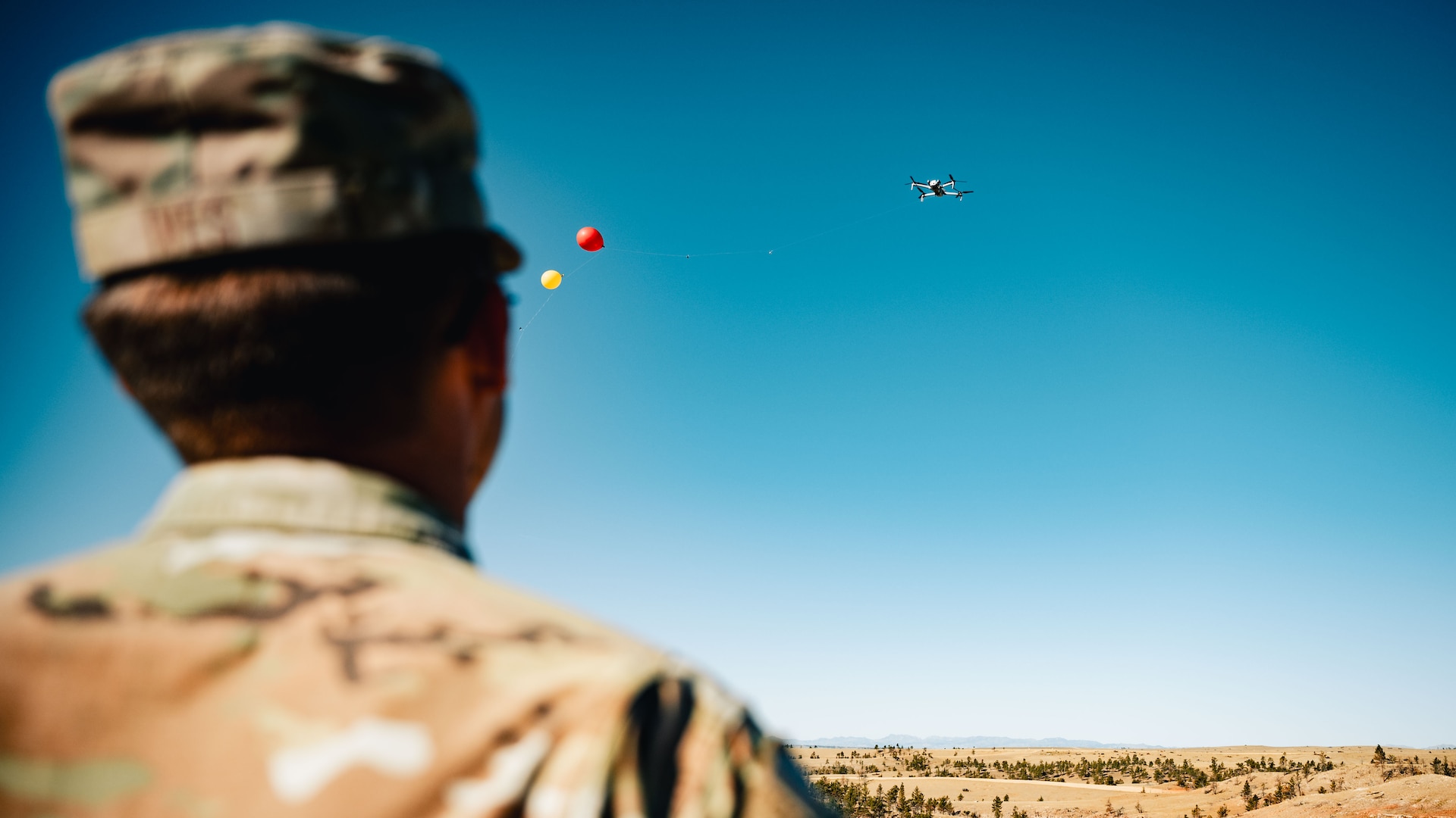 The drone carried balloon targets to help operators practice acquiring, tracking and engaging simulated aerial threats. (U.S. Air Force photo by Staff Sgt. Michael A. Richmond)