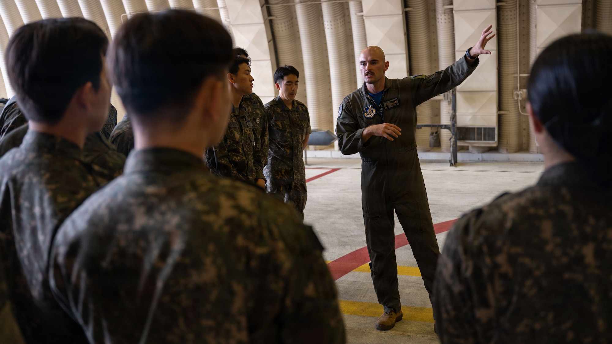 U.S. Air Force Airmen tour ROKAF senior cadets on Osan capabilities.