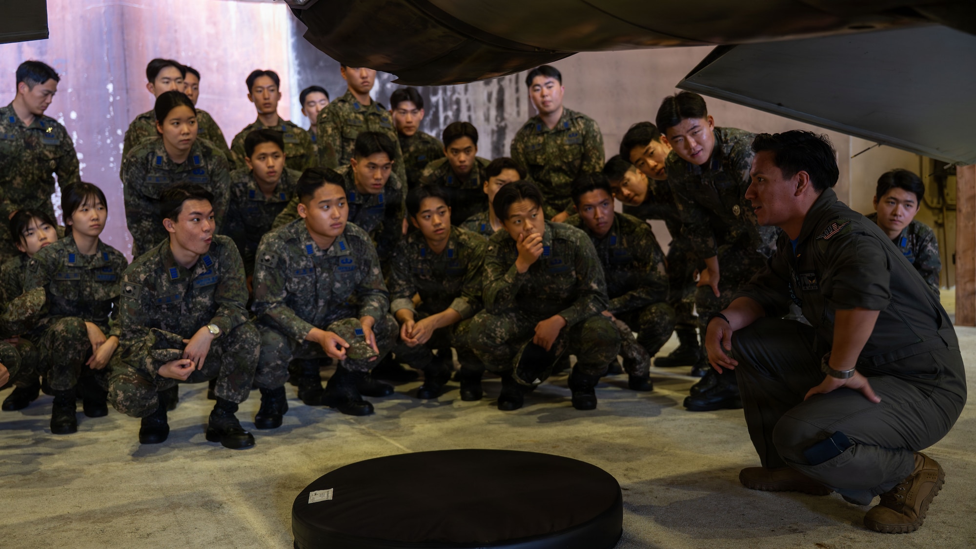U.S. Air Force Airmen tour ROKAF senior cadets on Osan capabilities.