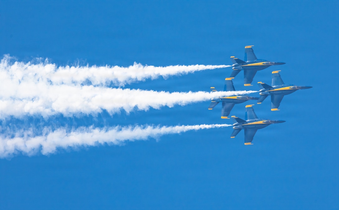 U.S. Navy Blue Angels perform aerial maneuvers during the 2026 Marine Corps Air Station Cherry Point Air Show at MCAS Cherry Point, North Carolina, May 10, 2026.  The Blue Angels celebrate 80 years of excellence by showcasing the professionalism and precision of the U.S. Marine Corps and U.S. Navy through premier flight demonstrations. The 2026 MCAS Cherry Point Air Show, held in celebration of America’s 250th birthday and headlined by the Blue Angels, is a biennial community outreach event that honors the enduring partnership between MCAS Cherry Point and the communities of eastern North Carolina while showcasing the power, precision and expeditionary capabilities of Marine Corps aviation. (U.S. Marine Corps photo by Cpl. Andre Marshall)