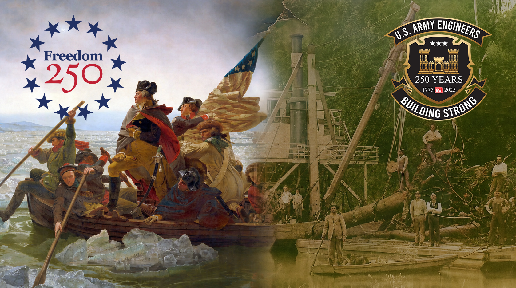 A logo depicting George Washington crossing the Delaware River on side and a Canal Being Dug on the other side - The Freedom 250 logo is on the side with Washington, the U.S. Army Corps of Engineers 250th logo is on the side with the canal being dug.